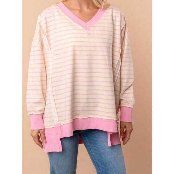 NEW WHITE BIRCH striped v-neck pullover in pink - Picture 1 of 2